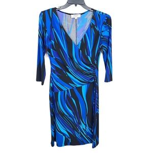 Kasper Faux Wrap V-neck Blue Black midi Dress 10